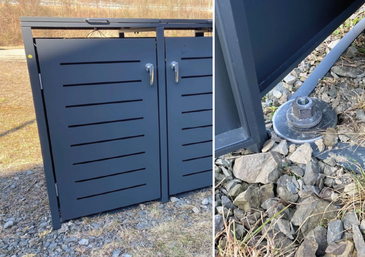 Mülltonnen-Outdoor-Schrank sicher fixiert mit SLOG-X Erdschrauben